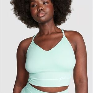 VS Pink Seamless Longline Sports Bra Opal Blue small racerback crop top stretchy